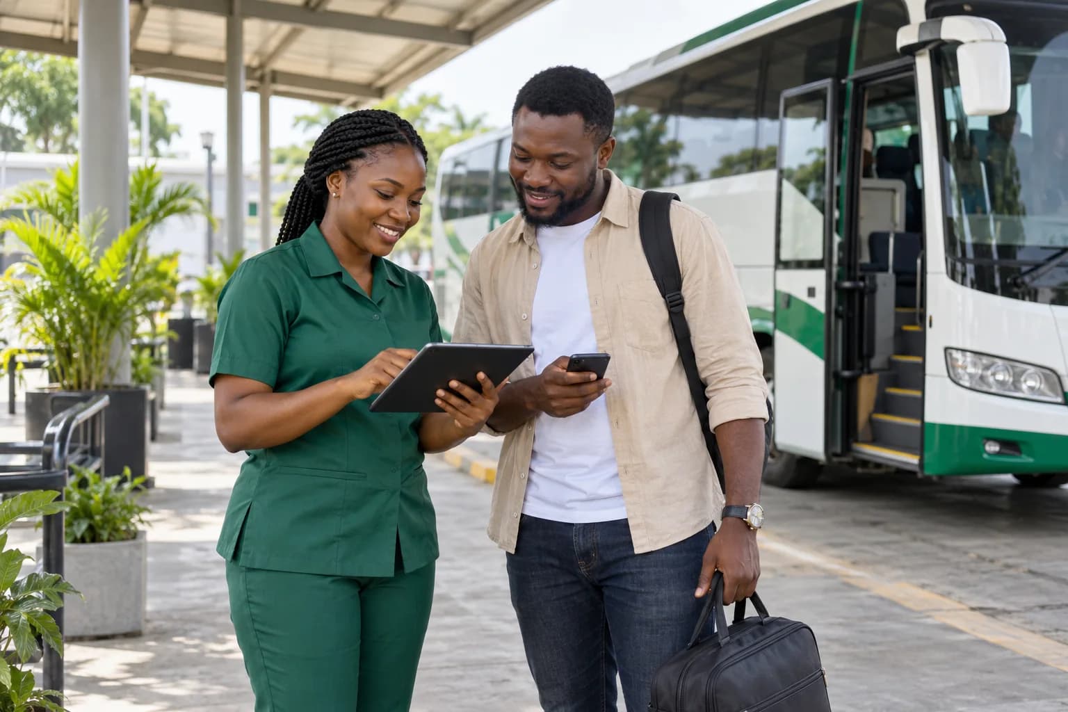 A transport agent helping a passenger check a booking beside an intercity coach